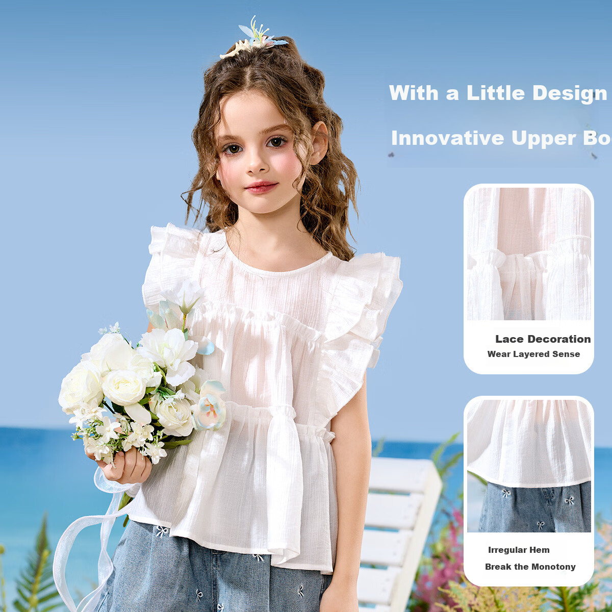 ASK JUNIOR Kids Summer Shirt Youth Flutter Sleeve Shirt Big Kids Girls Breathable White 170 3