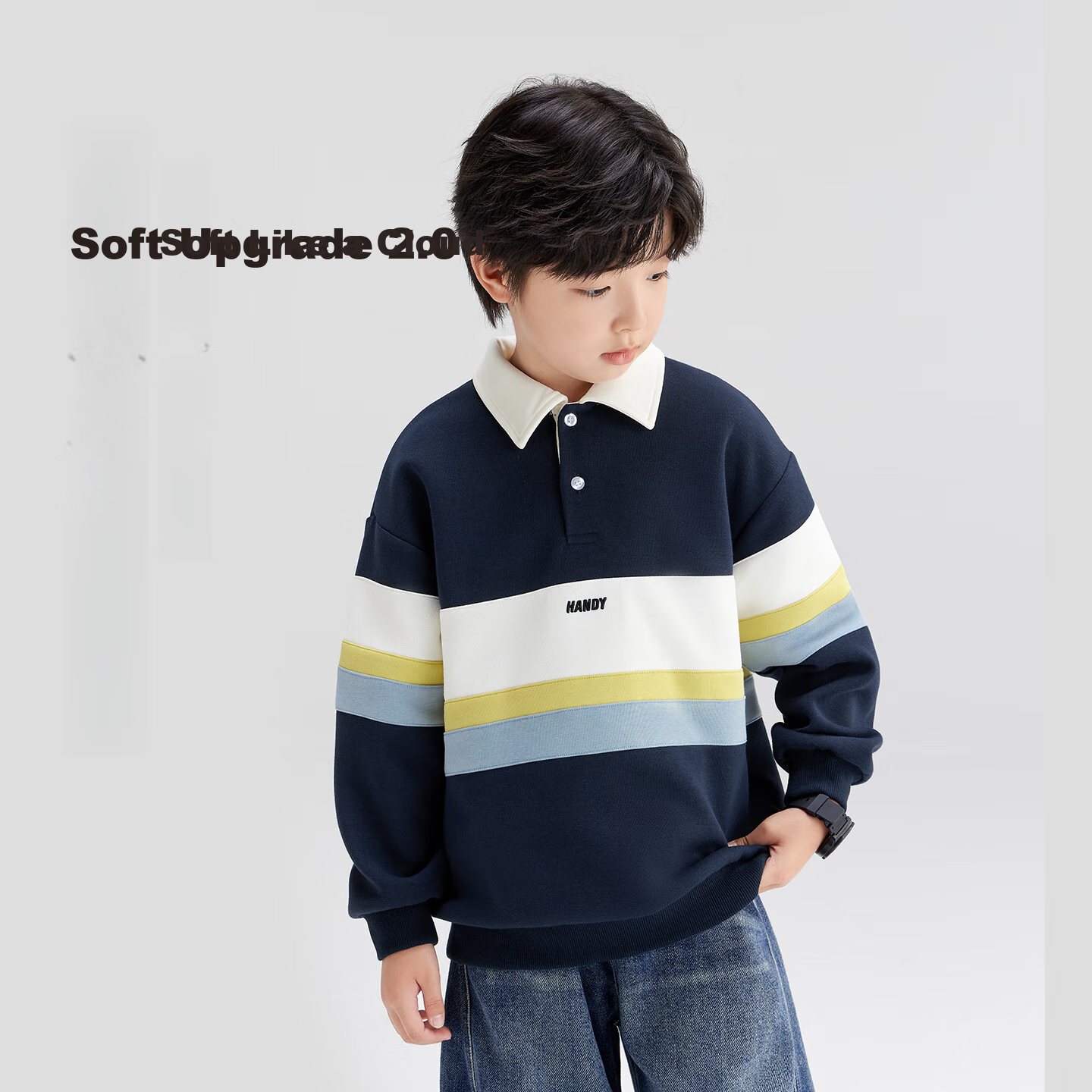 Zuoxi Boys' Polo Shirt Sweatshirt, 2026 New Trendy Children's Striped Color-Block Pullover, Navy Blue, Size 160