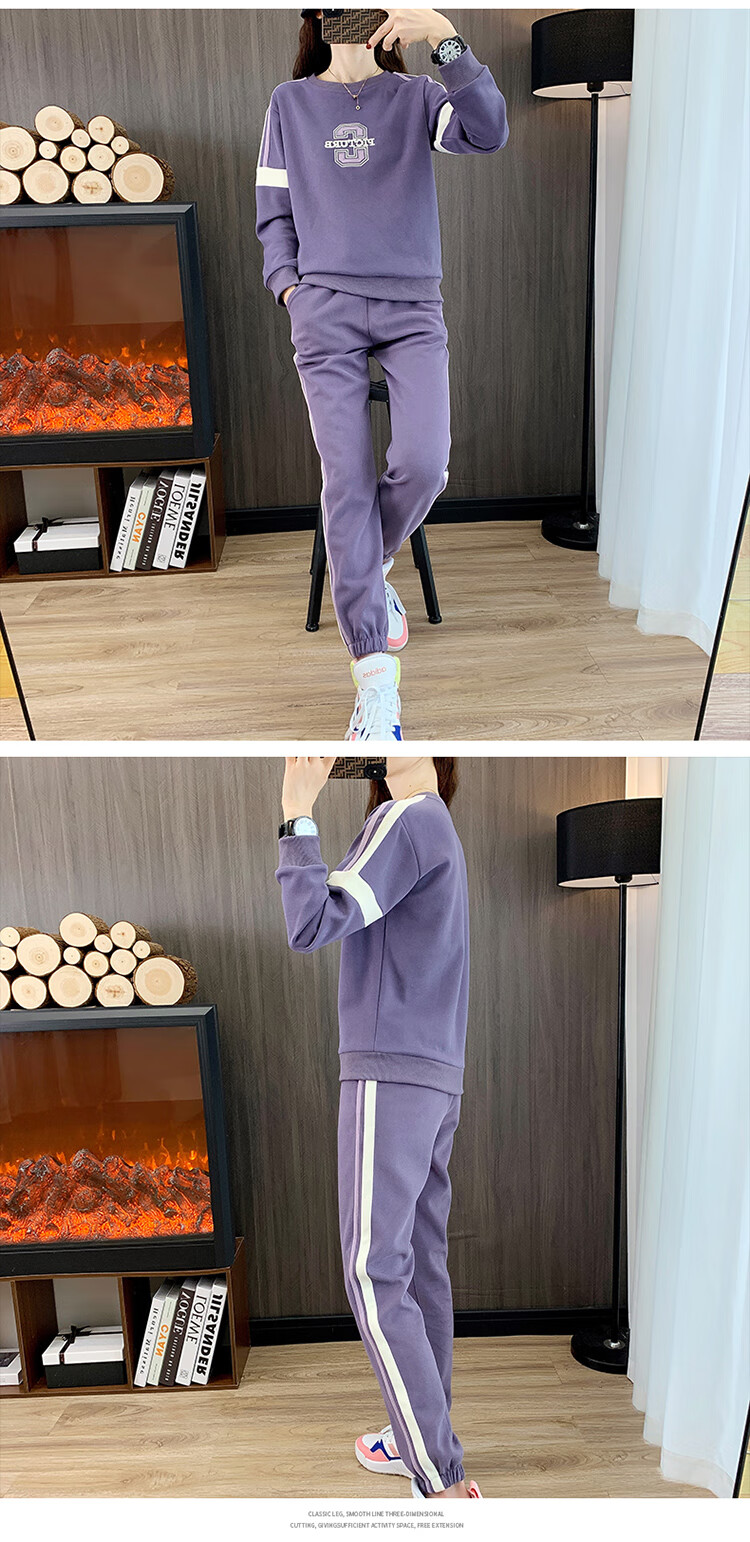 Woodpecker Women's Sports Long Sleeve Set Autumn Fashion Slim Casual Plus Size Sweatshirt Two-Piece Light Purple 2XL 5