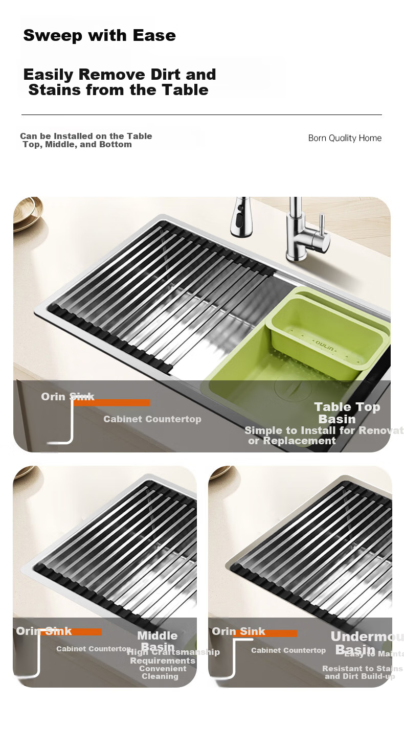 OULIN Kitchen Sink, Large Single Basin Vegetable Washing Sink, Integrated Basin, No Coating, SUS304 Stainless Steel Sink, Pull-Out Faucet, 661 11