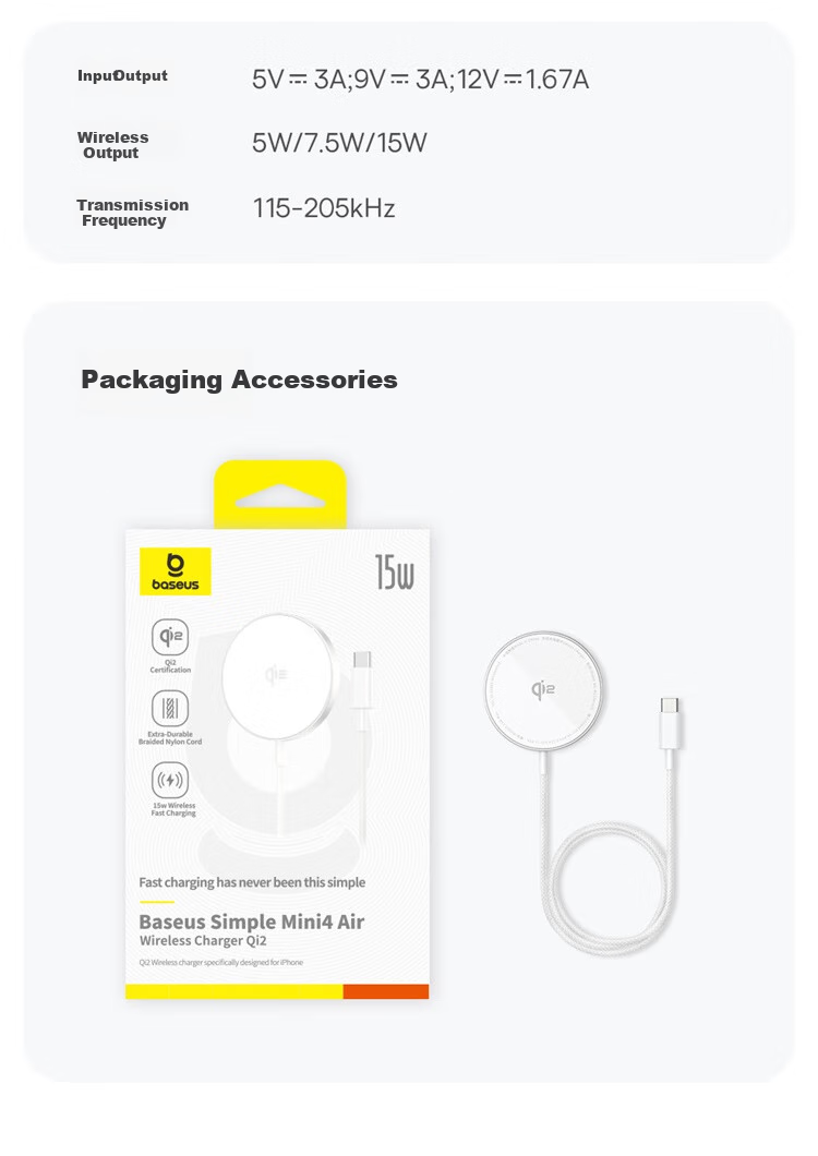 BASEUS Apple Wireless Charger, Supports MagSafe Magnetic Fast Charging, Qi2 Certified 15W Fast Charging for IPhone 18/17/16/15/14/13 Pro Max/PLUS Earphones 12