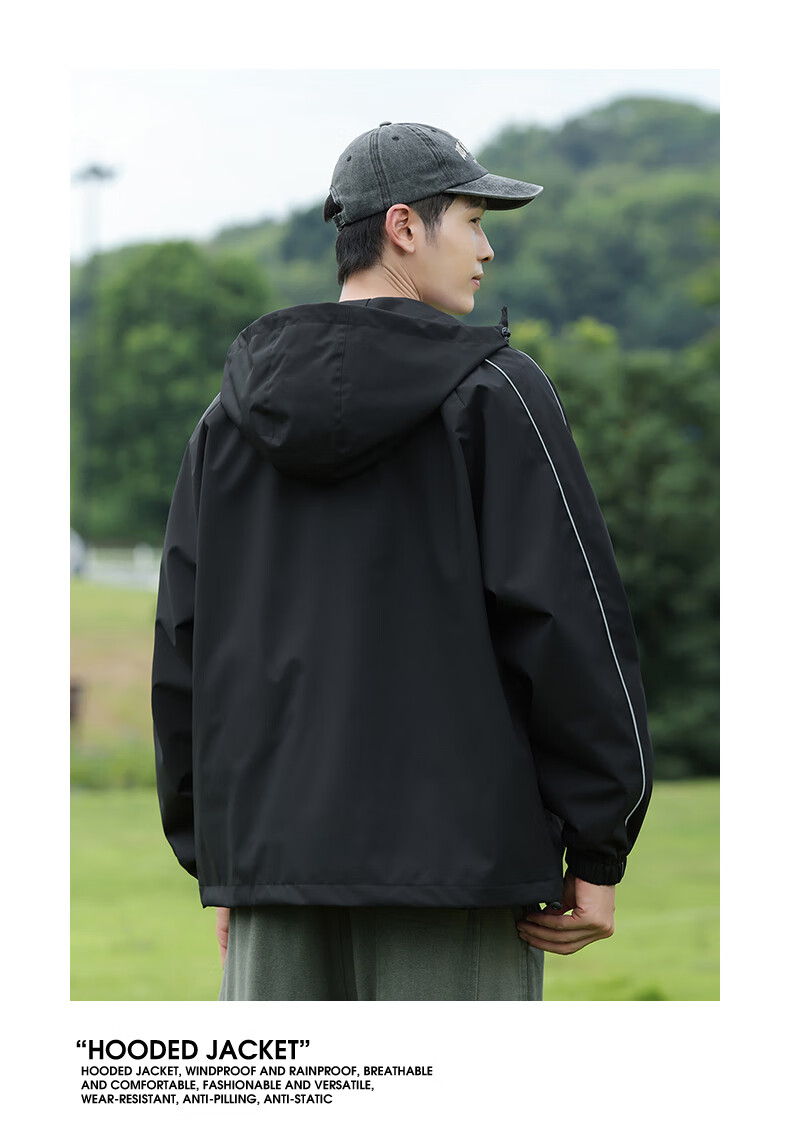 JEEP SPIRIT Men's Autumn Casual Hooded Zip-up Jacket Solid Color Workwear Coat Black 2XL 1