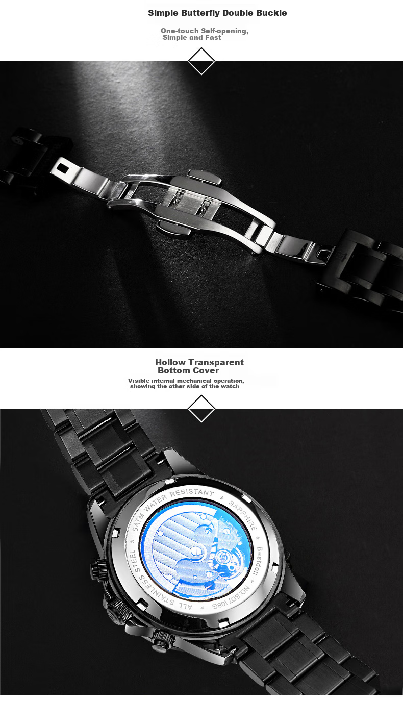 Bestdon Men's Mechanical Watch, Fashionable Trendy Wristwatch Gift Box for Me 10