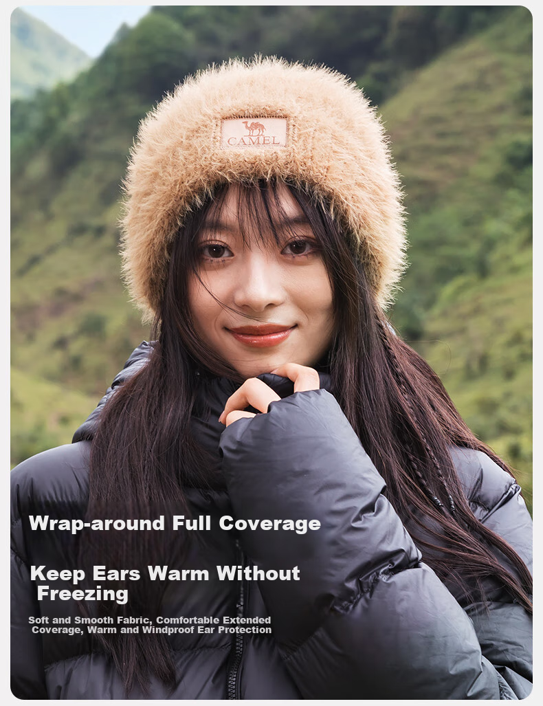 CAMEL Plush Knitted Hat for Women, Winter Cold Protection Ear-Covering Thick Warm Face-Slimming Knitted Cap 133CP15061 8