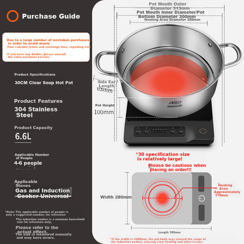 ASD Hot Pot, 304 Stainless Steel Clear Soup Hot Pot, 30CM Hot Pot, Compatible with Gas And Induction Stoves, FS30A1WG
