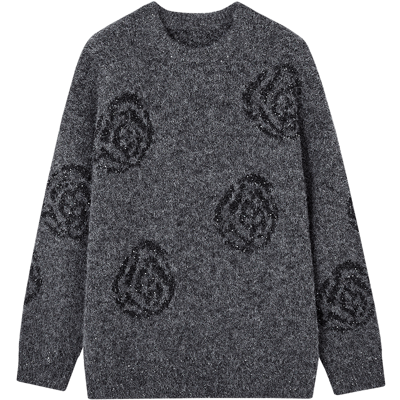 Demana Autumn Sequin Rose Wool Blend Loose Fit Crew Neck Drop Shoulder Knit Sweater