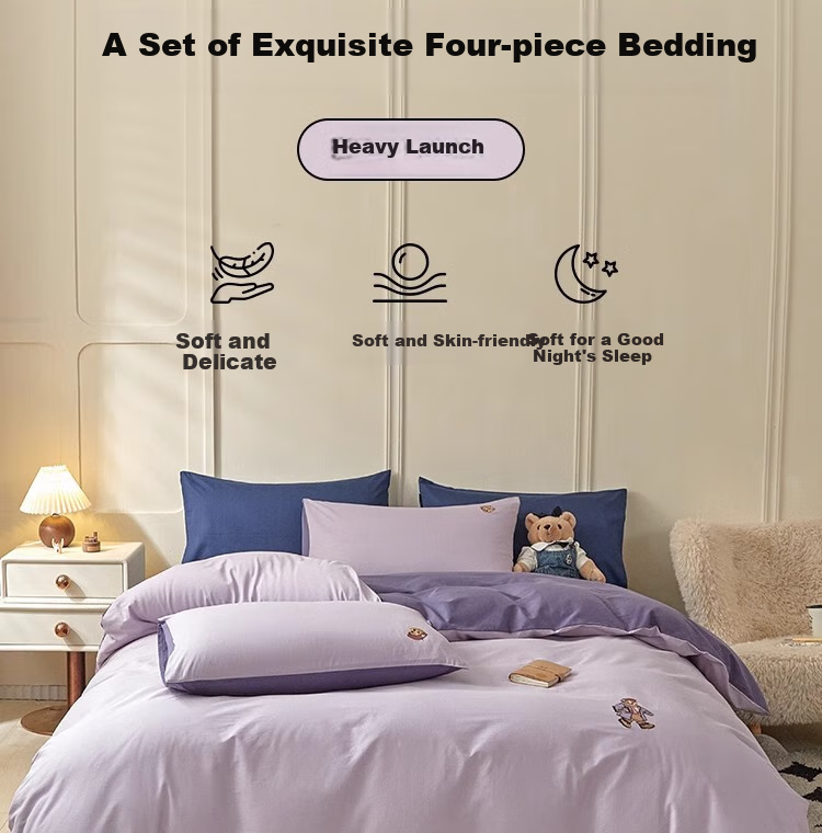 Teenie Weenie Class A Pure Cotton Three-Piece Set, All-Cotton Washed Cotton Single Bed Sheet, Duvet Cover, Bedding for Student Dormitory, 1.2m Bed, Gray Purple + Dark Purple 6