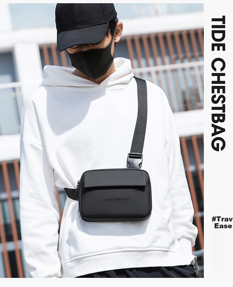 MARK RYDEN Chest Bag, Men's Bag, Sports Casual Shoulder Bag, Stylish Trendy Multifunctional Messenger Bag, MR8028 Elegant Black 7