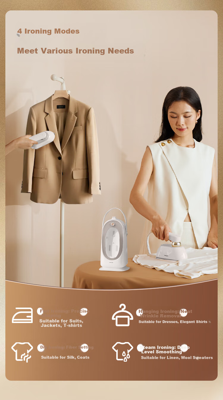 PHILIPS Desktop Space-Saving Iron, Handheld Home Small Garment Steamer, Maximum Steam Output 84g/min, 1L Bean-Shaped Iron STE0950/70, Peach Steam Bag 20