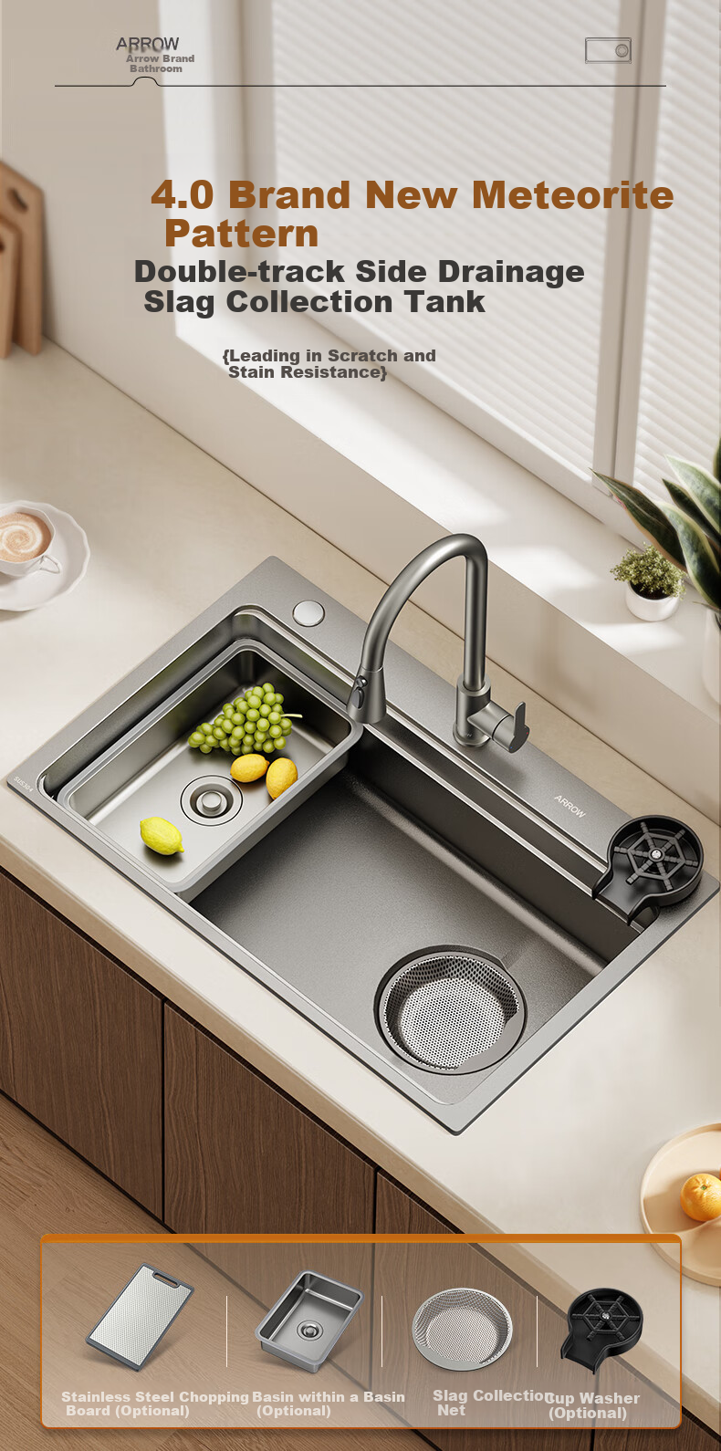 ARROW Kitchen Sink Gun Gray Nano Wide-Edge Large Single Bowl, Integrated Undermount Sink for Kitchen, Dishwashing And Vegetable Washing Table 2