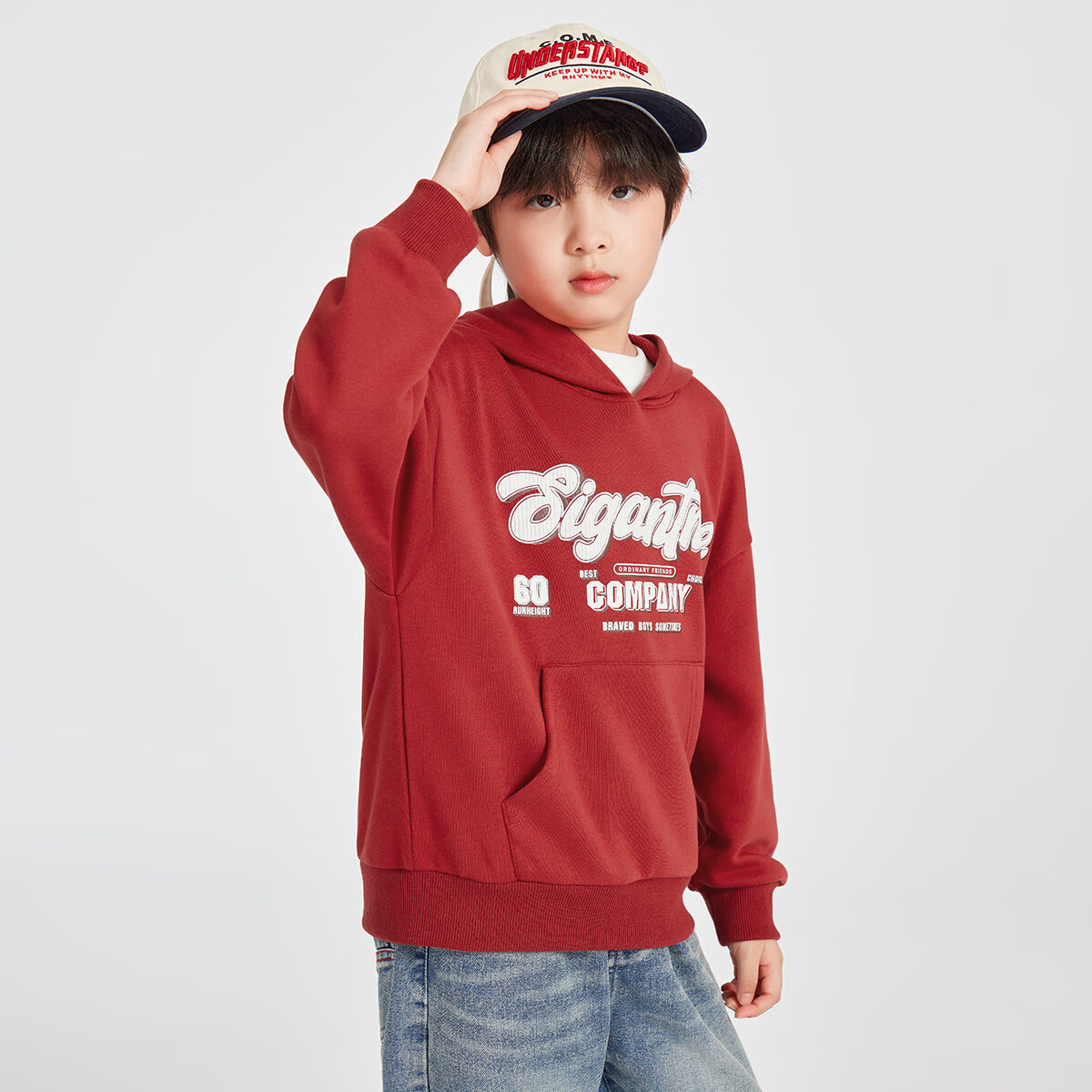 Duoduo Home [Kangaroo Pocket] Boys' Red Hoodie Sportswear Casual Spring American Letter Print Top for Older Children