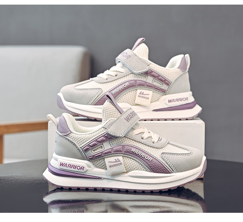 Warrior Girls' Spring and Autumn Sports Shoes Casual Breathable Running Shoes WZ(CL)-1027 Beige/Grey/Purple Size 29 9