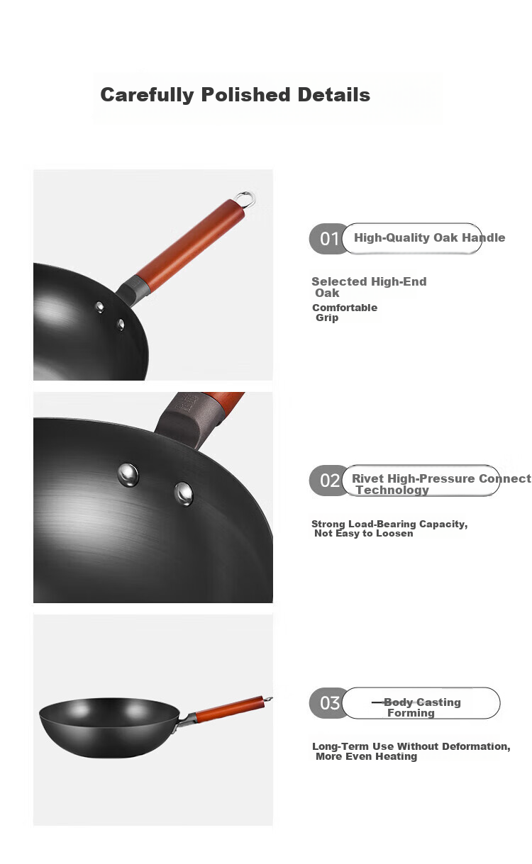 Midea Cast Iron Wok Healthy Non-Coated Iron Stir-Fry Pan 32cm for Home Gas Stove and Induction Cooker 10