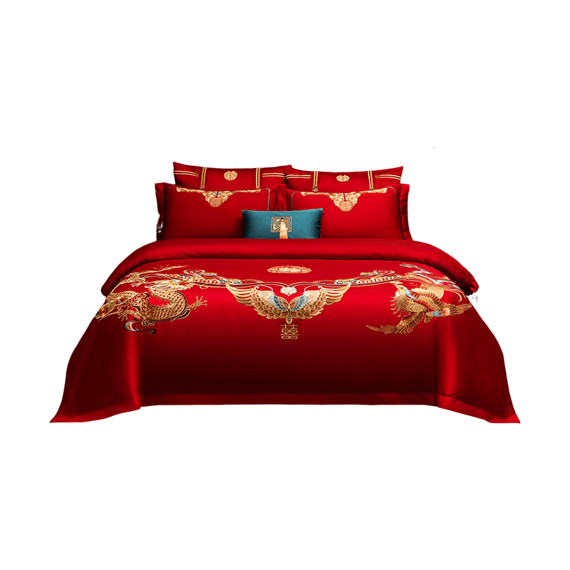 JD Original Dahixijing Embroidery Wedding Bedding Set, 60s Satin Pure Cotton Chinese Style Wedding Red Traditional, Phoenix And Dragon 1.8m