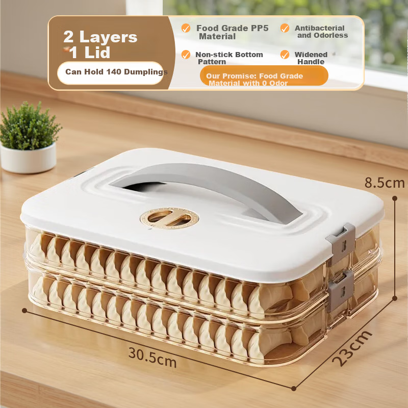 Jiabangshou Large Capacity Multifunctional Food-Grade PP Ice Box Freezer Container for Dumplings And Wonton, Non-Stick 2-Layer Desig