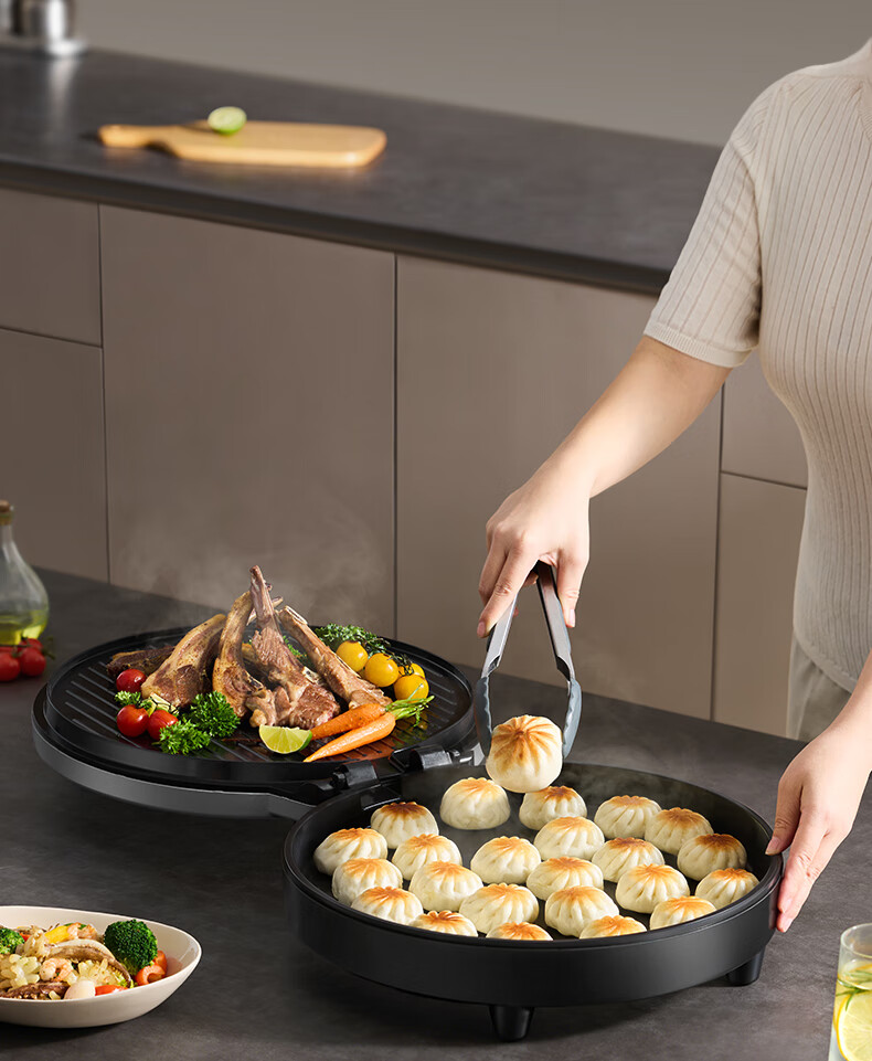 Joyoung 2000W High-Power Zero Fluorine Titanium Ceramic Electric Griddle, Home Grill And Roaster, Multifunctional Smart Sandwich Maker Breakfast Machine, Top Grill Bottom Roast Double-Sided Heating Large Baking Tray GK700 15