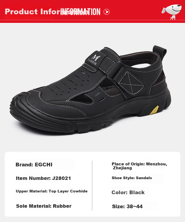 EGCHI Men's Sandals, Beach Shoes, Top-Grain Leather, Hollow-Out Velcro Sandals, J28021, Black, Size 39 5