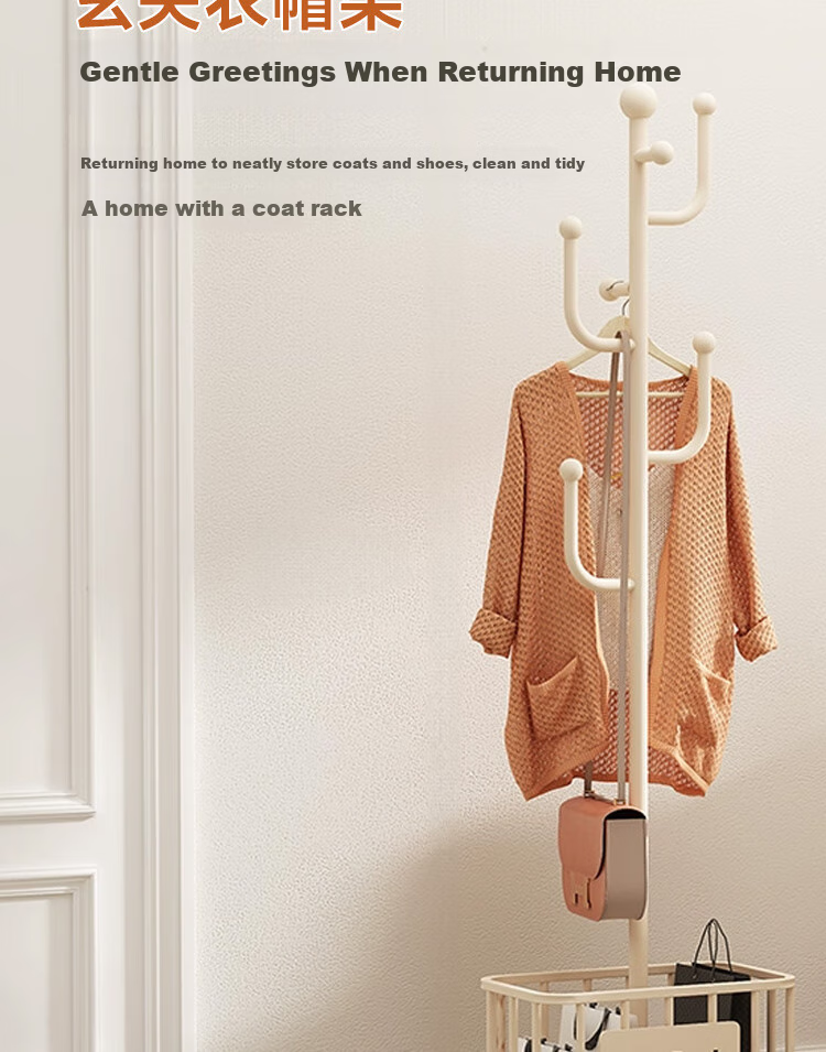 Yijia Coat Rack, Floor-Standing Clothes Rack, Coat And Hat Stand, Movable Home Drying Rod Storage Rack, Cream White Straight Rod with 7 Hooks 6