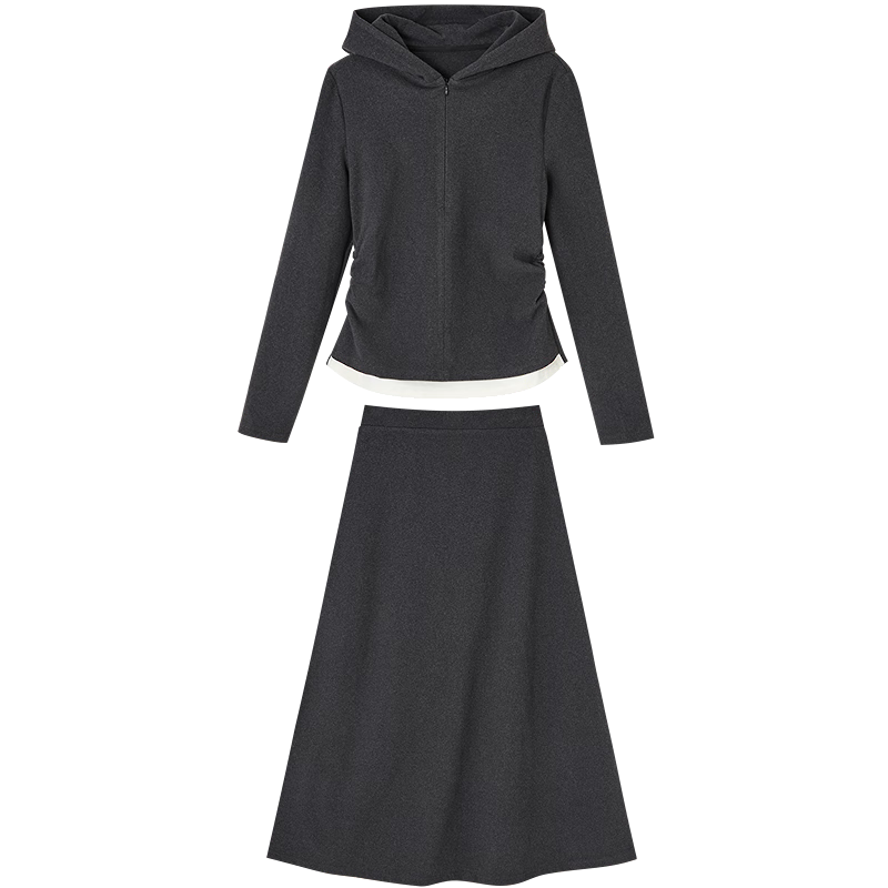 Demana [Cloud Feeling Cashmere Set] Autumn Simple Fake Two-Piece Hooded Top with Elastic Waist A-Line Skirt Women's Two-Piece Set