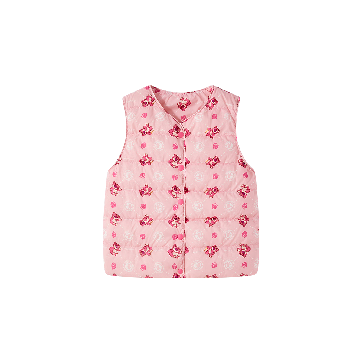 Disney Strawberry Bear All-Over Print Down Vest Girls 2025 Winter New Cute Warm Children's Down Jacket