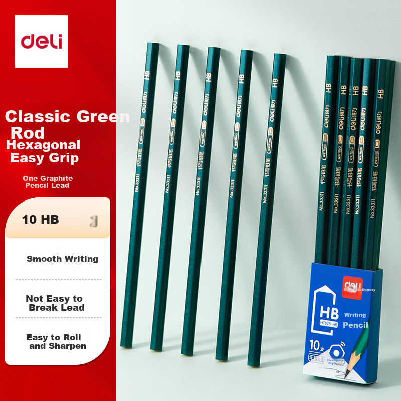 Deli Classic Green Handle, 10 HB Pencils, Natural Wood Hexagonal Barrel, Student Exam Sketching Drawing Pencil, Writing Practice Pen, HC826-HB, Back-To Stationery for Students