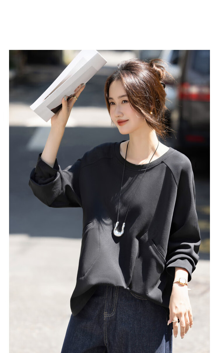 Demana [Comfort Elastic 280G Air Layer] Autumn Simple Crew Neck Large Patch Pocket Loose Fit Petite Sweatshirt for Women 1