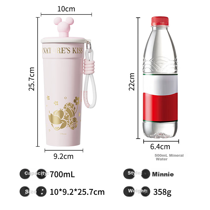 Dishini Insulated Mug for Men And Women, Coffee Cup, 316L Stainless Steel Straw Water Bottle, Large Capacity Birthday Gift, 700mL Minnie
