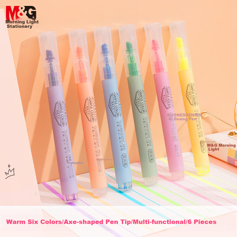 M&G Stationery Highlighters for Primary School Students And Office Use, Colorful Marking Pens for Back-To Journaling And Note-Taking, 6 Colors Single-Tip 6 Pcs AHMT3702 for Exam Practice And Testing