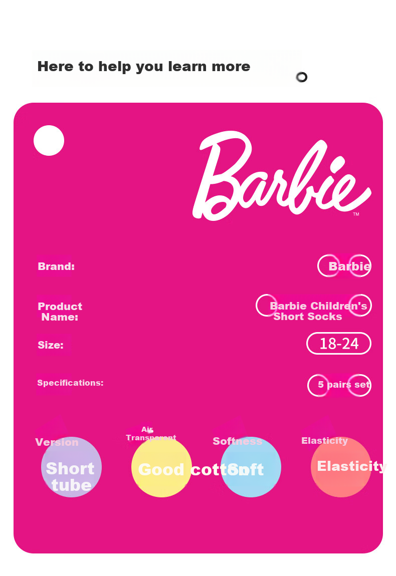 Barbie Children's Socks for Older Girls, Cute Short Socks, Princess Spring And Autumn Socks, Schoolgirl Sports Mid-Calf Socks 4