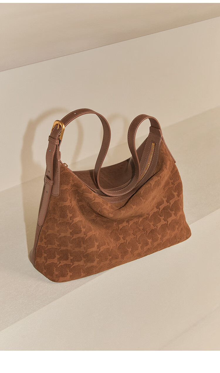 Mood First Layer Vegetable Tanned Leather Hobo Bag Brown Genuine Leather Large Capacity Suede Light Luxury Workplace Commuter Crossbody Bag for Women 2