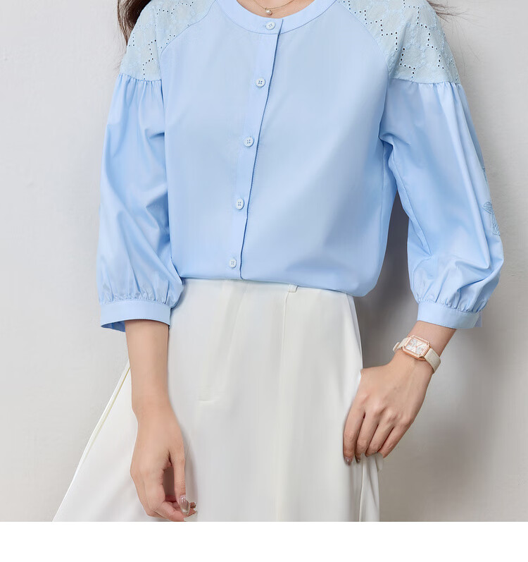 Shangdu Bira Lenzing Tencel Three-Quarter Sleeve Casual Shirt Women Autumn Lantern Sleeve Patchwork Hollow Embroidery Elegant Blouse 22