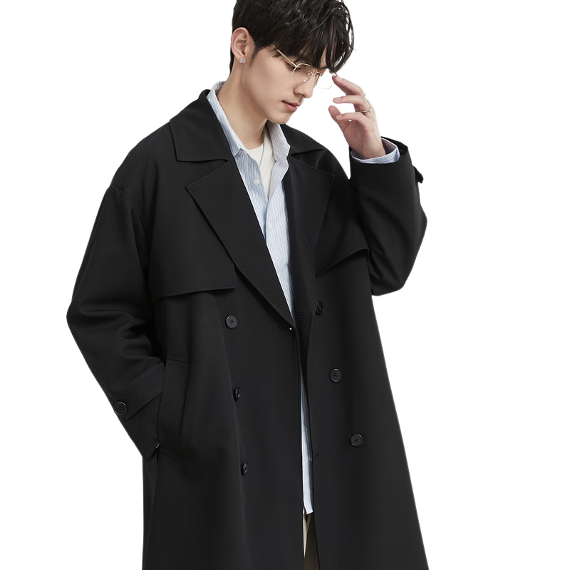 Earl Zuo Men's Mid-Length Suit Collar Trench Coat Double-Breasted Classic Design Casual Style