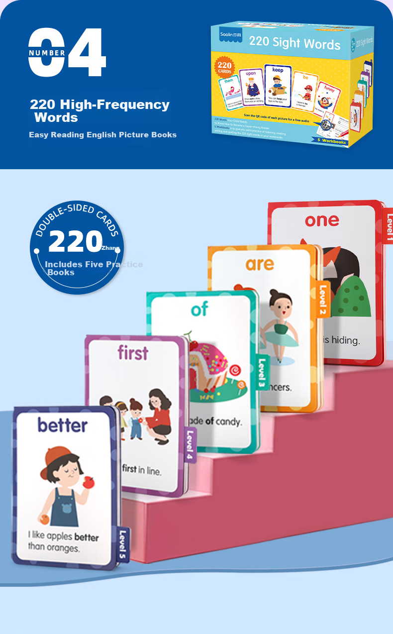Shalin SAALIN English Enlightenment, 220 High-Frequency Words Flashcards, Children's Toy Sight Words for First Grade 15