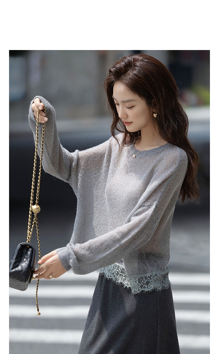 Demana [With Wool] Autumn Lightweight Crew Neck Lace Splice Loose Petite Elegant Knit Sweater Top 1