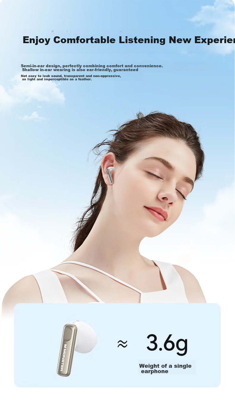 MONSTER N-Lite 217 Noise-Cancelling Semi-In-Ear Bluetooth Earphones Bluetooth 6.0 Digital Battery Display Call Noise Cancellation Long Battery Life Compatible with Apple Huawei Xiaomi Oppo White 11