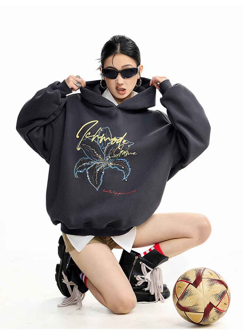 ICH MODE Women's American Style Hoodie Autumn Winter 2025 New Loose Pullover Jacket Top Dark Gray M 13