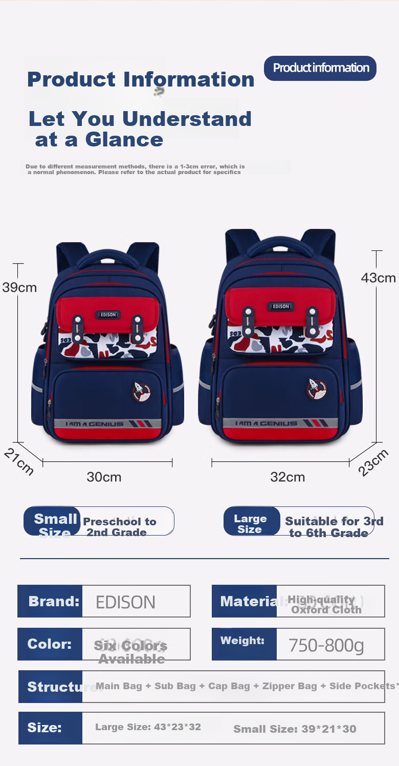 Edison Primary School Backpack for Girls, Spine Protection, Weight Reduction, Large Capacity, Water-Resistant, Reflective Children's Backpack 24016-5 4