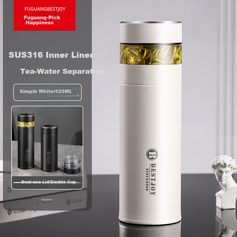 FUGURNG BESTJOY Insulated Mug for Men, 316 Stainless Steel Water Bottle with Tea Infuser, Car Cup with Filter, Simple White Design, 420ml Capacity
