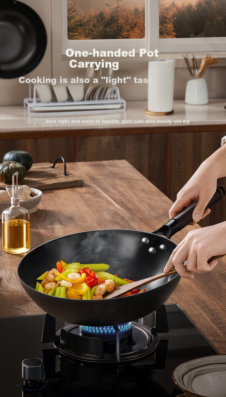 Royalstar Zhangqiu Wok Iron Pan Non-Coated Non-Stick Pan for Home Use Forged Stir-Fry Pan Flat Bottom Compatible with Induction Cooker And Open Flame with Lid 32cm 9