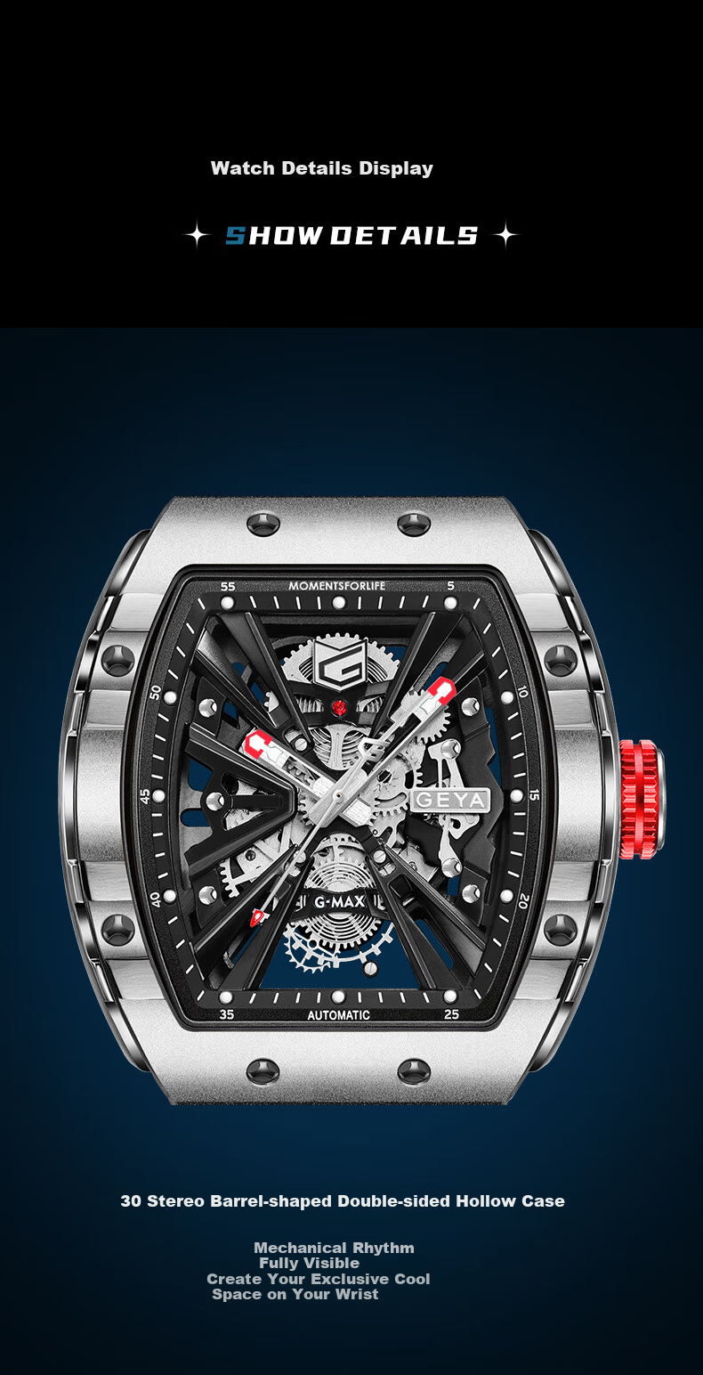 GEYA National Brand Watch, Men's Barrel-Shaped Skeleton Fully Automatic Mechanical Watch, Birthday Gift for Me 12