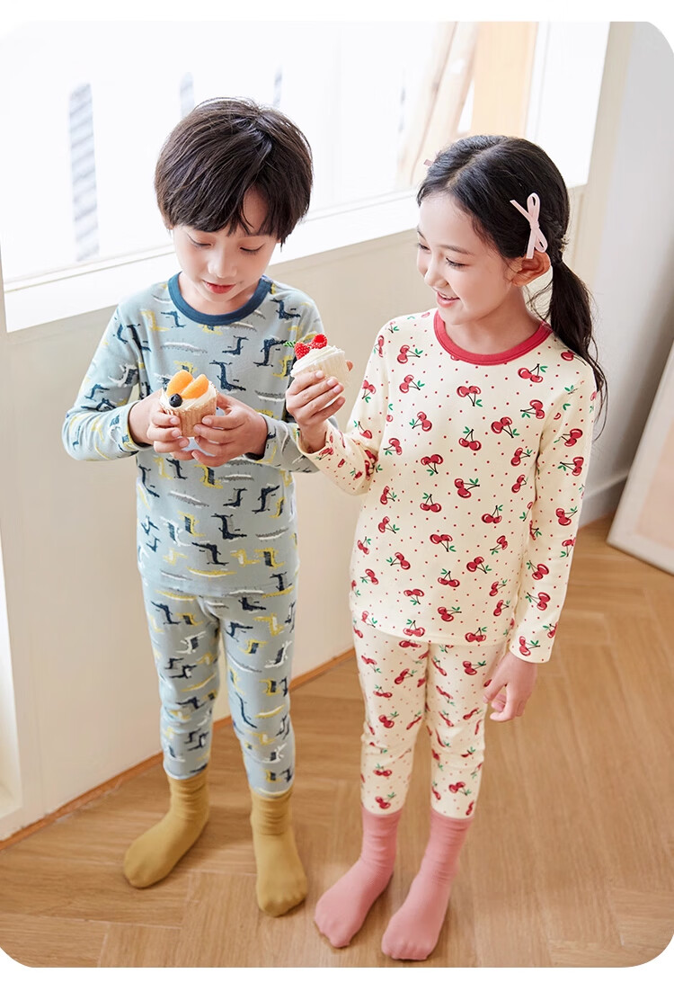 XUEXIMAN Kids Cotton Antibacterial Thermal Underwear Set Boys Girls Baby Warm Pajamas Homewear 6