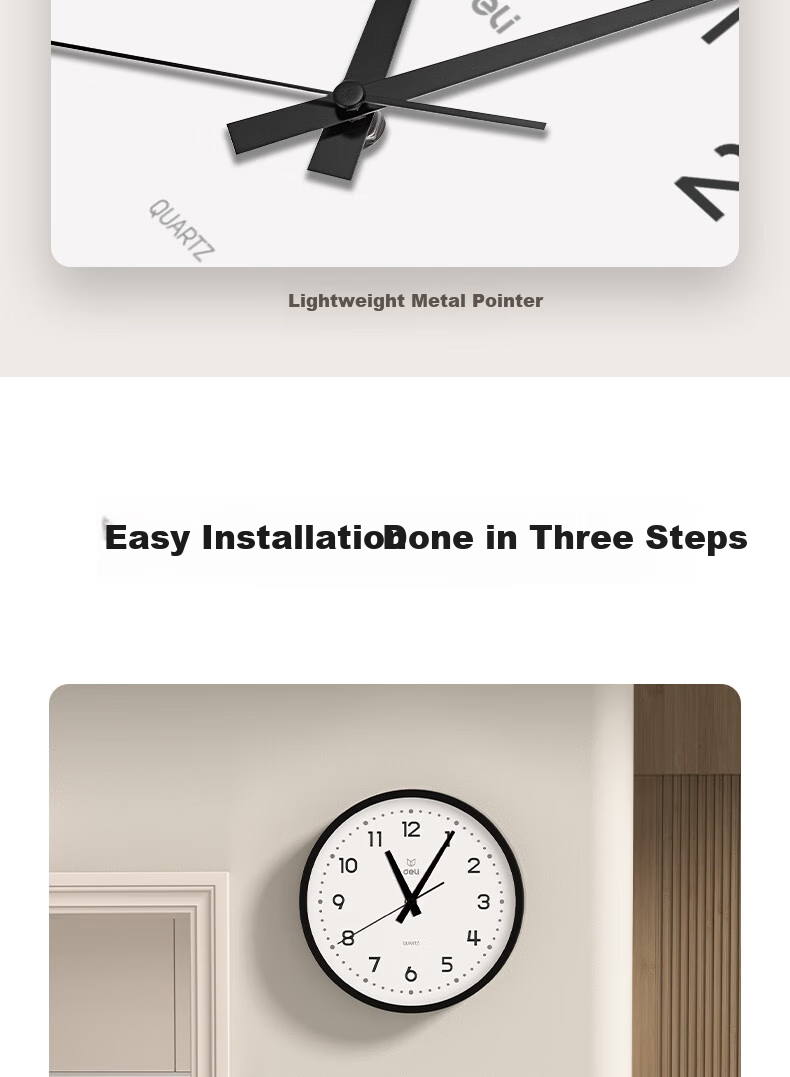Deli Wall Clock, Stylish Creative Minimalist Living Room Wall-Mounted Quartz Clock, 35cm LE402ES Black, Back-To Essential 7