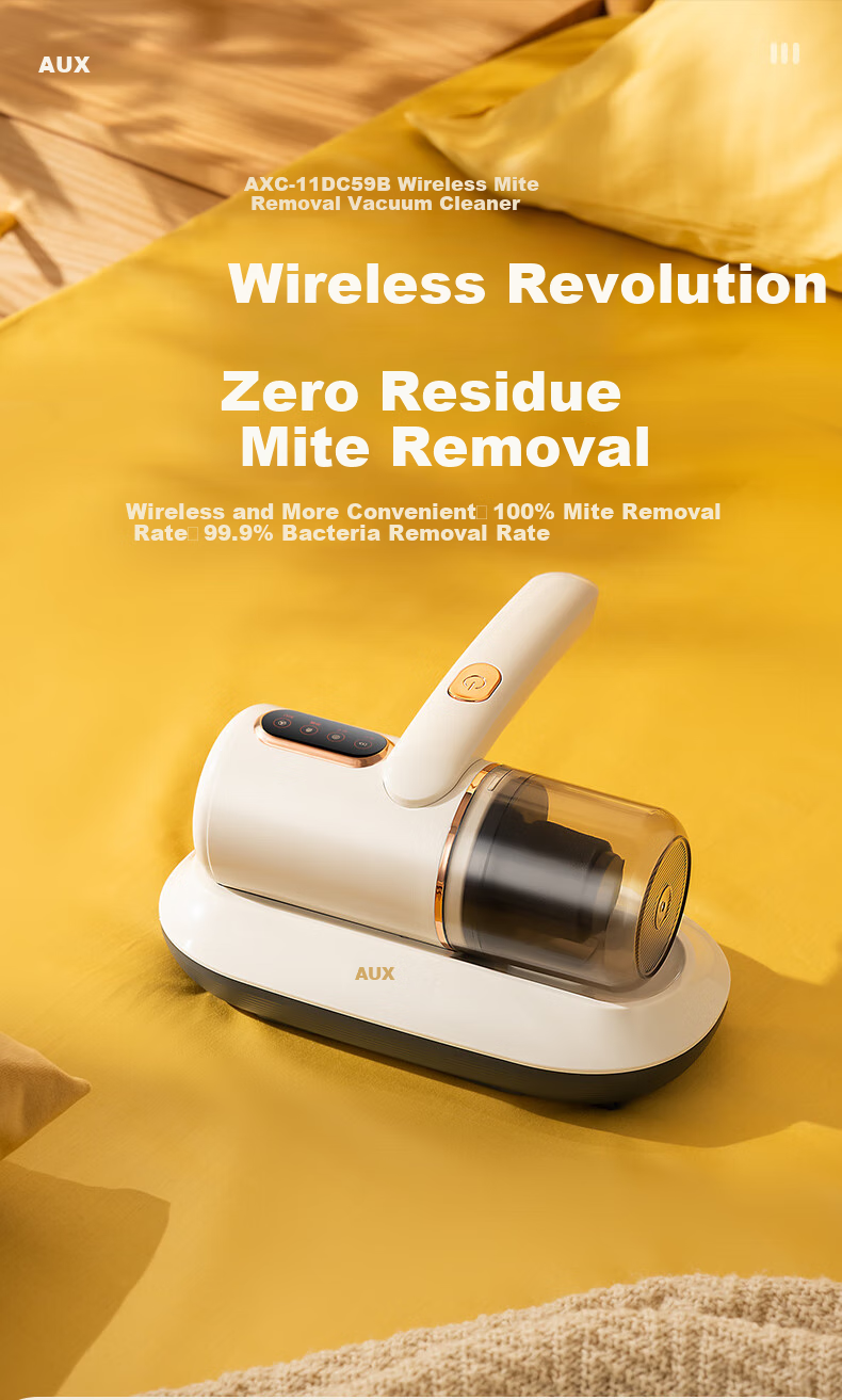 AUX Cordless Dust Mite Remover, Handheld Small Bed Vacuum Cleaner, Powerful Suction for Bed, Antibacterial And Mite-Removing Dust Extractor, Beating AXC-11DC59B, Coconut Milk White + 3 Filter Cartridges 1