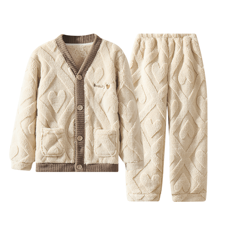 LangSha Fleece-Lined Thickened Flannel Children's Pajama Set Autumn Winter Boys Sleepwear Warm Clothes