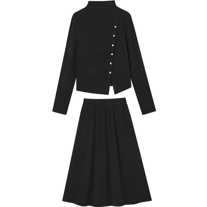 Demana Warm Thermal Set Autumn Elegant Half Turtleneck Pleated Button Top Elastic Waist Midi Skirt Two-Piece Set