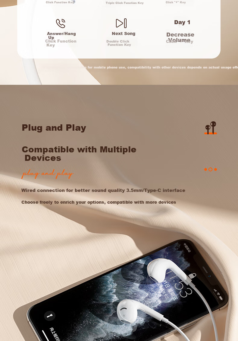 HP DHH-1112A Wired Earphones Semi-In Type-C Interface Compatible with Apple And Android, White, Level 4 And 6 9