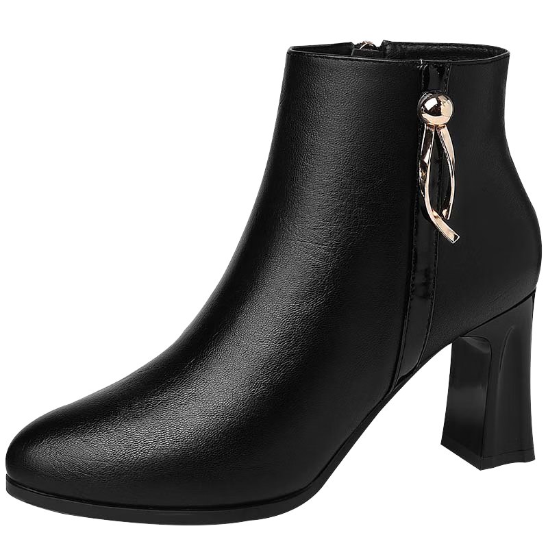 FUGUINIAO Genuine Leather Cowhide Fashion Boots Women Autumn Winter Fleece Lined Warm Short Boots Round Toe Chunky Heel Slim Boots Black Fleece Lined Size 37