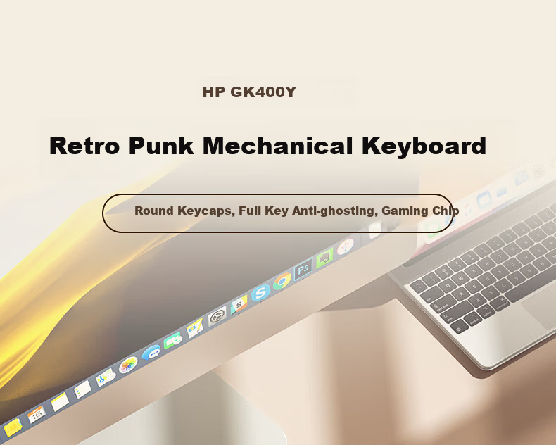 HP GK400Y Mechanical Keyboard, Steam Metal Punk Style, for Women's Office And Gaming, Wired, Silver White Tea Switches, 104 Keys 1