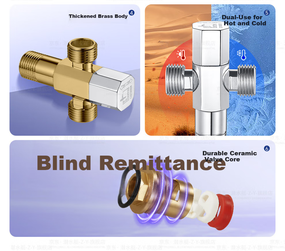 Submarine F402 1-In Three-Way Brass Chrome-Plated Angle Valve with Ceramic Valve Core 5