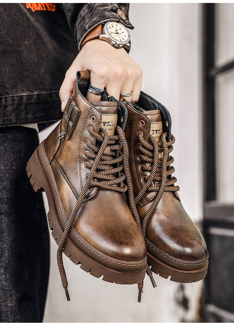 G.N.Shi Jia Men's Martin Boots, Genuine Leather, 2026 Autumn And Winter New Style, British Retro Thick-Soled Heightening Work Boots, Red-Brown, Size 43 3
